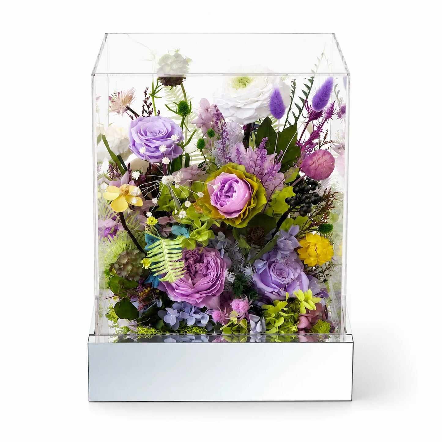 LULU ROSÉE Monet's Garden Acrylic Box in Home Decor, Purple and Green Preserved Flower Display on a White Background