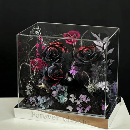 LULU ROSÉE nightfall red flame acrylic box in a dramatic mood setting