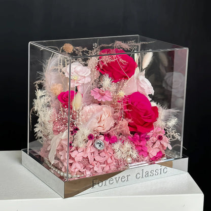 LULU ROSÉE pink flame barbie acrylic box in a modern bedroom