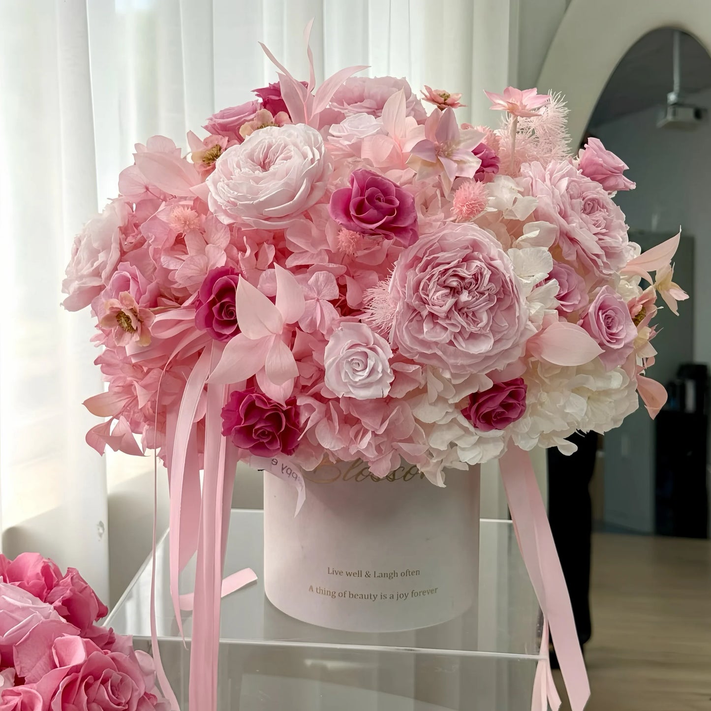 LULU ROSÉE Detailed View of Blush Hydrangea Rose Garden Bucket, Mixed Pink Preserved Roses and Hydrangeas
