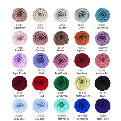 LULU ROSÉE eternal preserved rose color palette swatch, solid tone, gradient shade and metallic rose color choices, customizable flower hues for luxury flower boxes and floral crafts