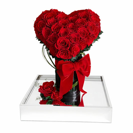 LULU ROSÉE Eternal Rose Garden Heart Bouquet, 3D Red Preserved Rose Arrangement in Vase with Red Velvet Bow on a white background