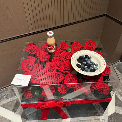LULU ROSÉE Eternal Rose Garden 52 Red Roses in Clear Box, Romantic Tea Time Display with Berries and Drinks