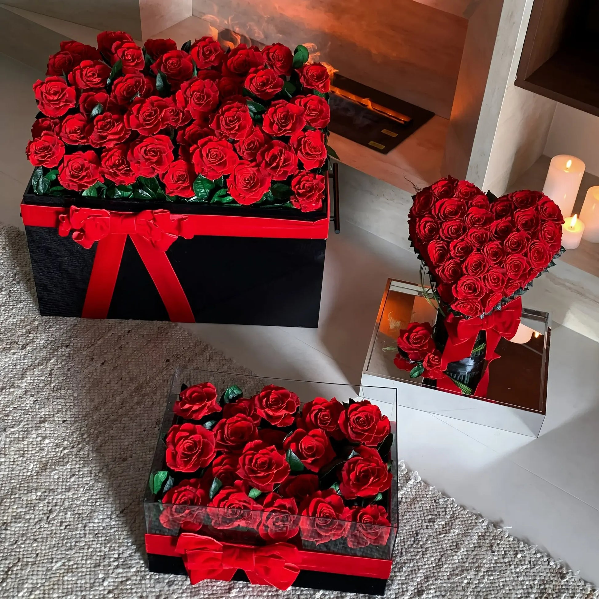 LULU ROSÉE Eternal Rose Garden Collection Trio Display, 52 Roses, 19 Roses and Heart Bouquet 