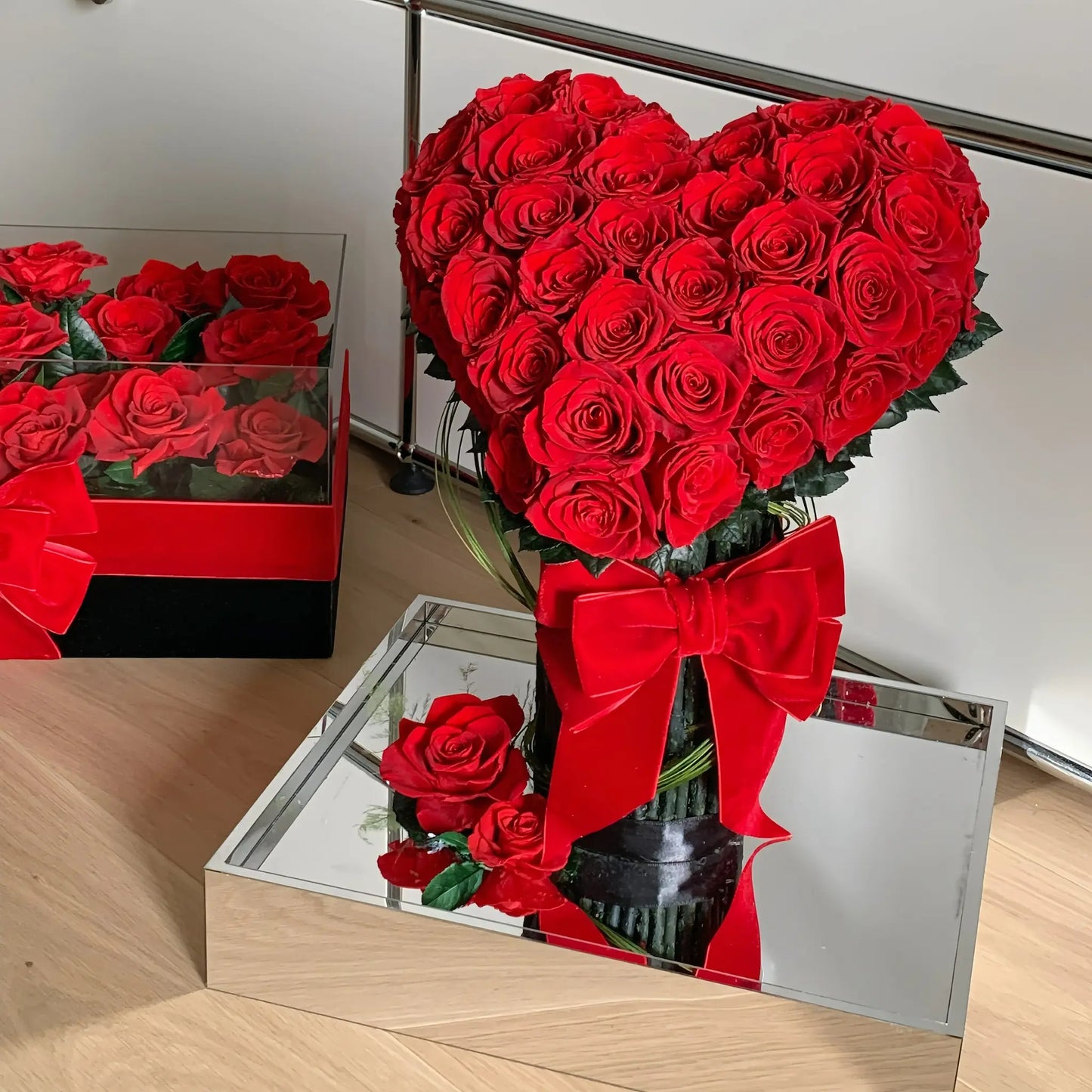 LULU ROSÉE Eternal Rose Garden Heart Bouquet with 19 Red Roses Arrangement in Side View