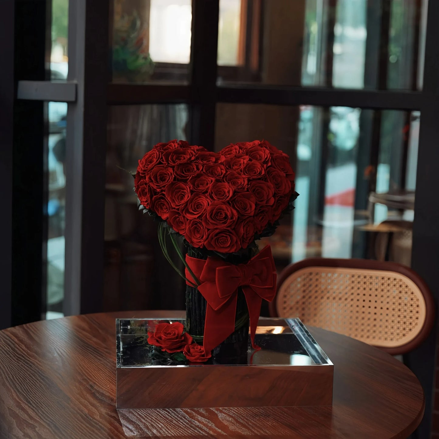 LULU ROSÉE Eternal Rose Garden Heart Bouquet on Wooden Table by Window
