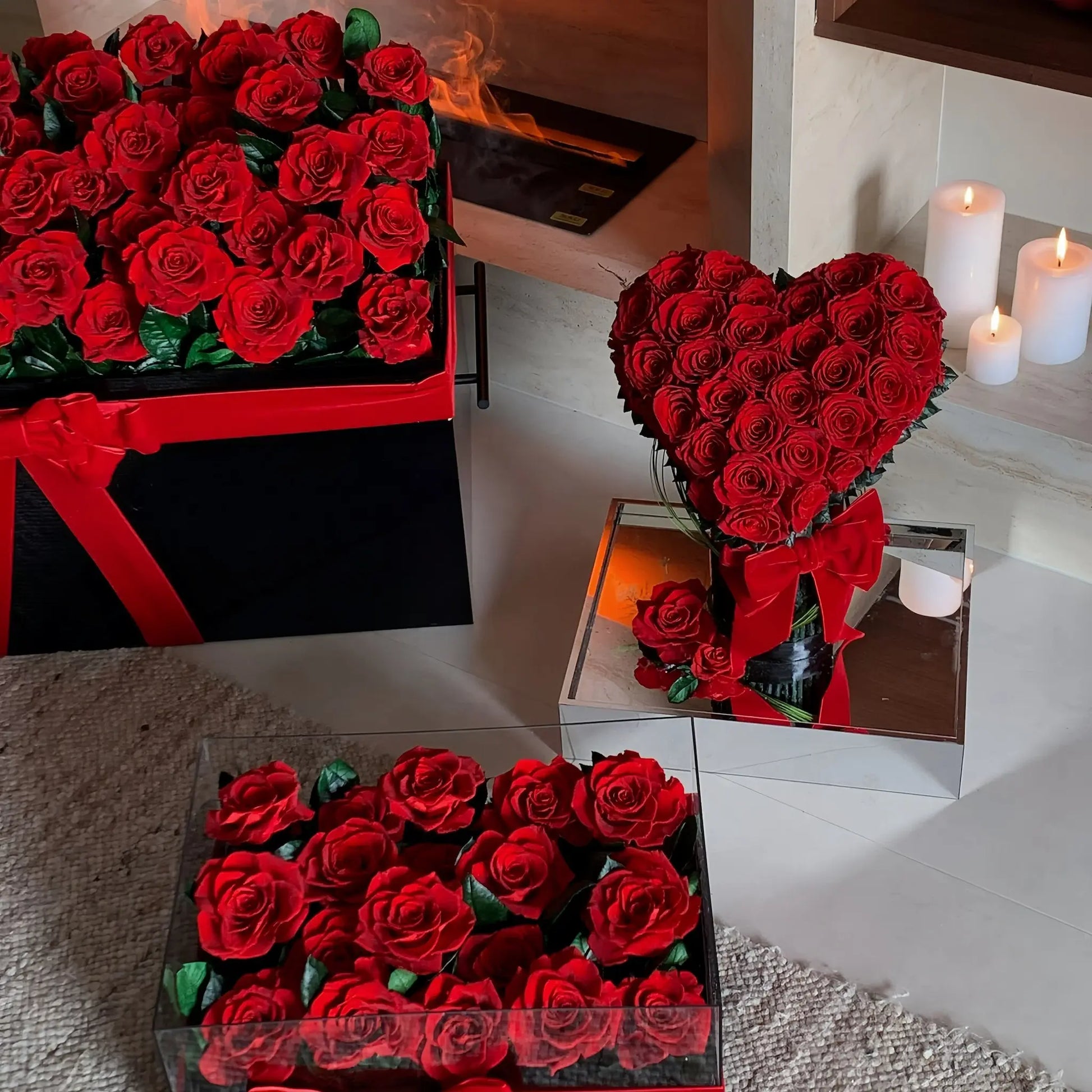 LULU ROSÉE Eternal Rose Garden Collection, Trio of Preserved Red Rose Arrangements in Living Room Setting