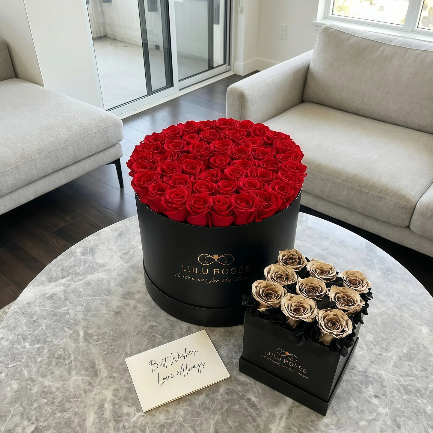LULU ROSÉE extra large round box red roses black classic box for Valentine's Day gift