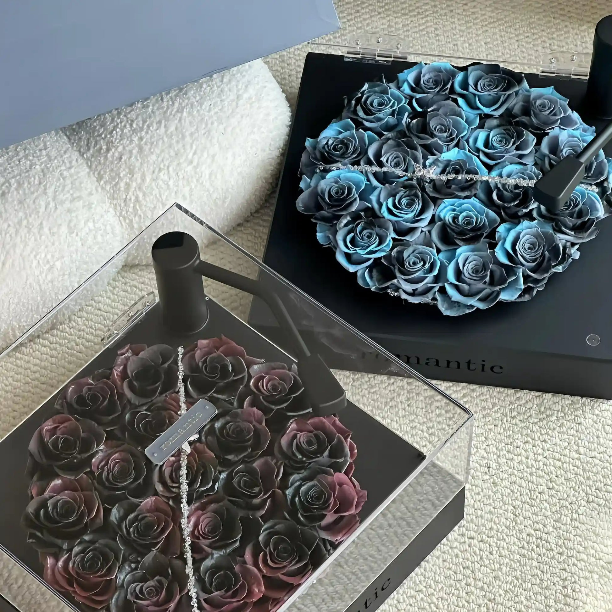 LULU ROSÉE Dual Rose Turntable Boxes with Gift Packaging, Noir & Aqua Preserved Roses