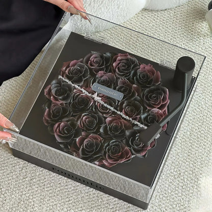 LULU ROSÉE Vintage Noir Preserved Rose Turntable Box, Dark Purple Forever Rose in Acrylic Display