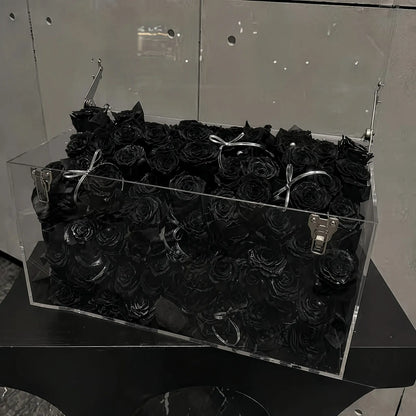LULU ROSÉE Grande Eternal Acrylic Handbag Rose Box, luxury handbag-shaped transparent acrylic gift box filled with premium black preserved roses, dark high-end aesthetic, customizable flower colors, romantic everlasting floral souvenir for anniversary & birthday gifting