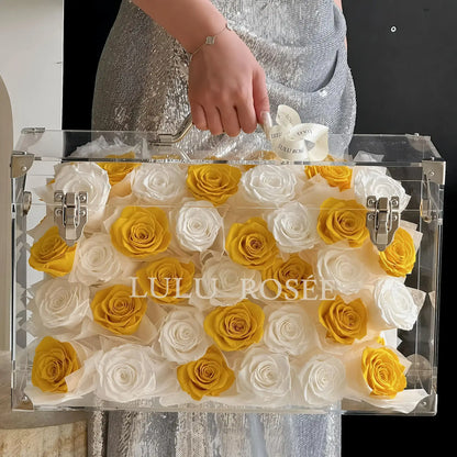 LULU ROSÉE Grande Eternal Acrylic Handbag Rose Box, luxury handbag-shaped transparent acrylic gift box filled with yellow & cream mixed preserved roses, customizable flower colors, romantic everlasting floral souvenir for anniversary & birthday gifting
