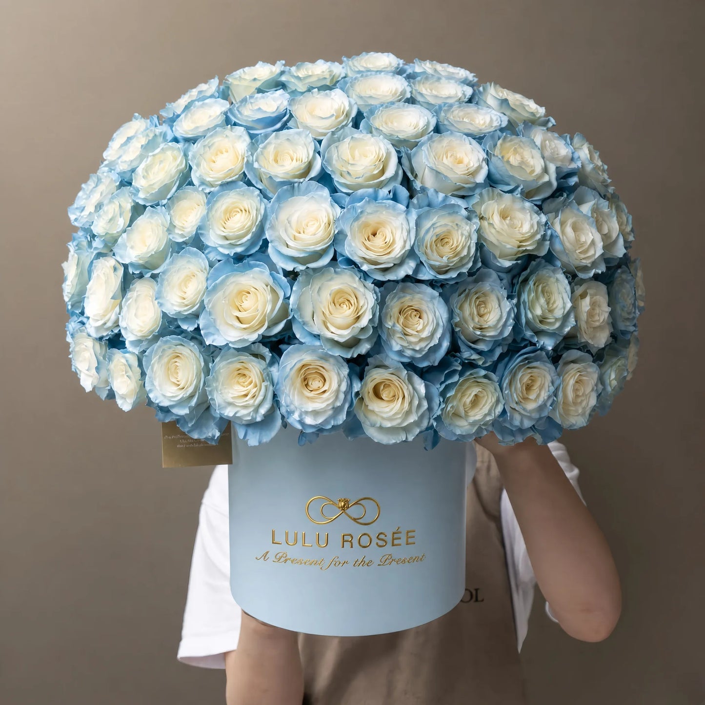 LULU ROSÉE Grande Superdome Ice Blue Gradient Preserved Rose Box held by model, large dome ice blue preserved rose cylinder box, elegant thoughtful gift for her