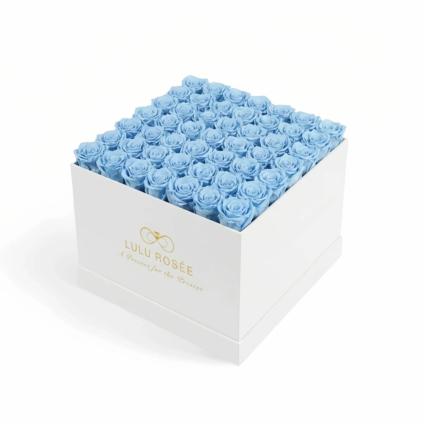 LULU ROSÉE large square box baby blue roses white classic box on white background