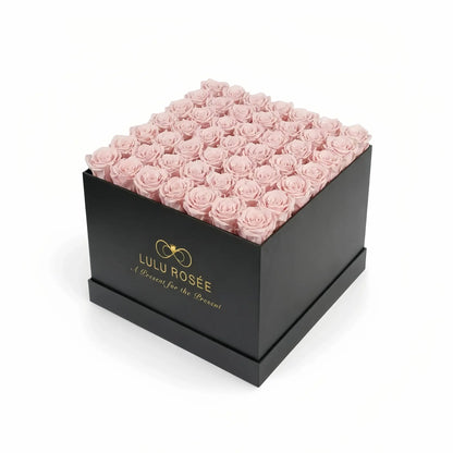 LULU ROSÉE large square box light pink roses black classic box on white background