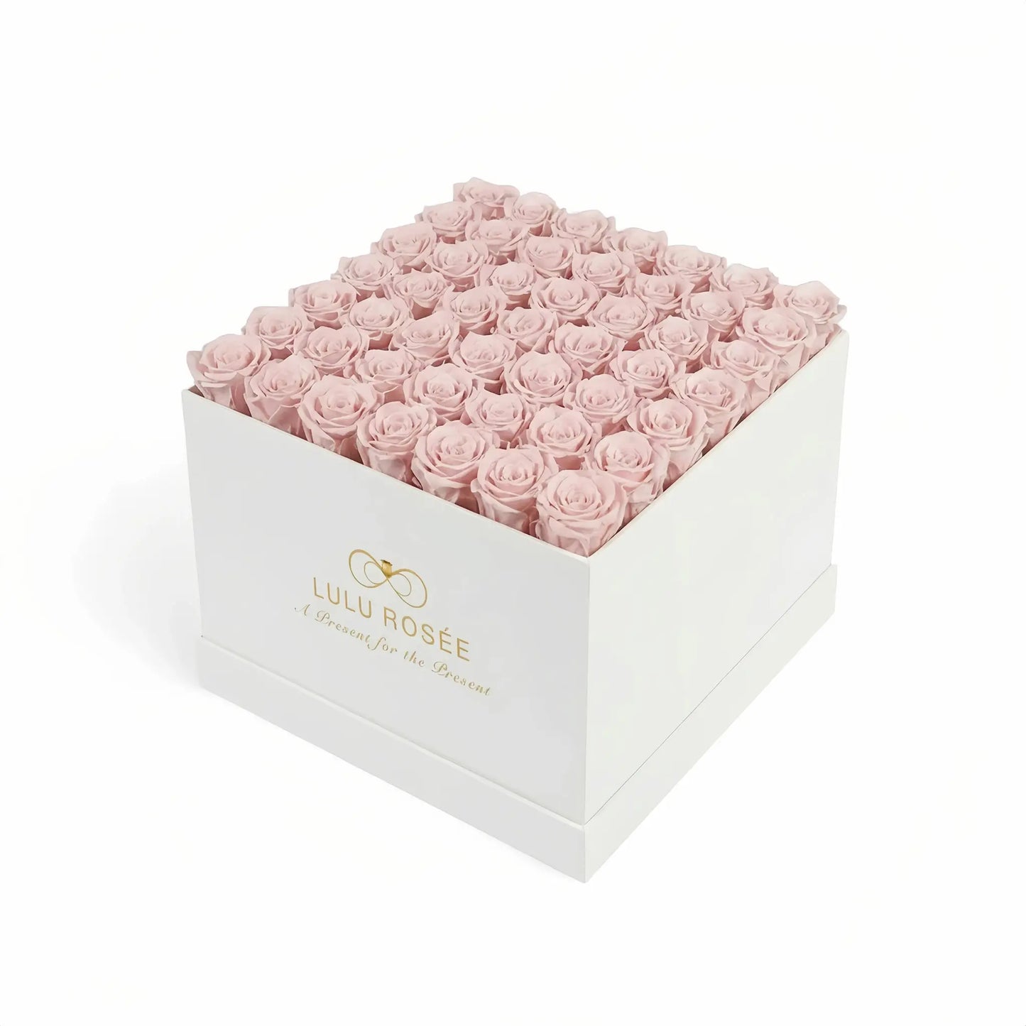 LULU ROSÉE large square box light pink roses white classic box on white background