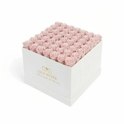 LULU ROSÉE large square box light pink roses white classic box on white background