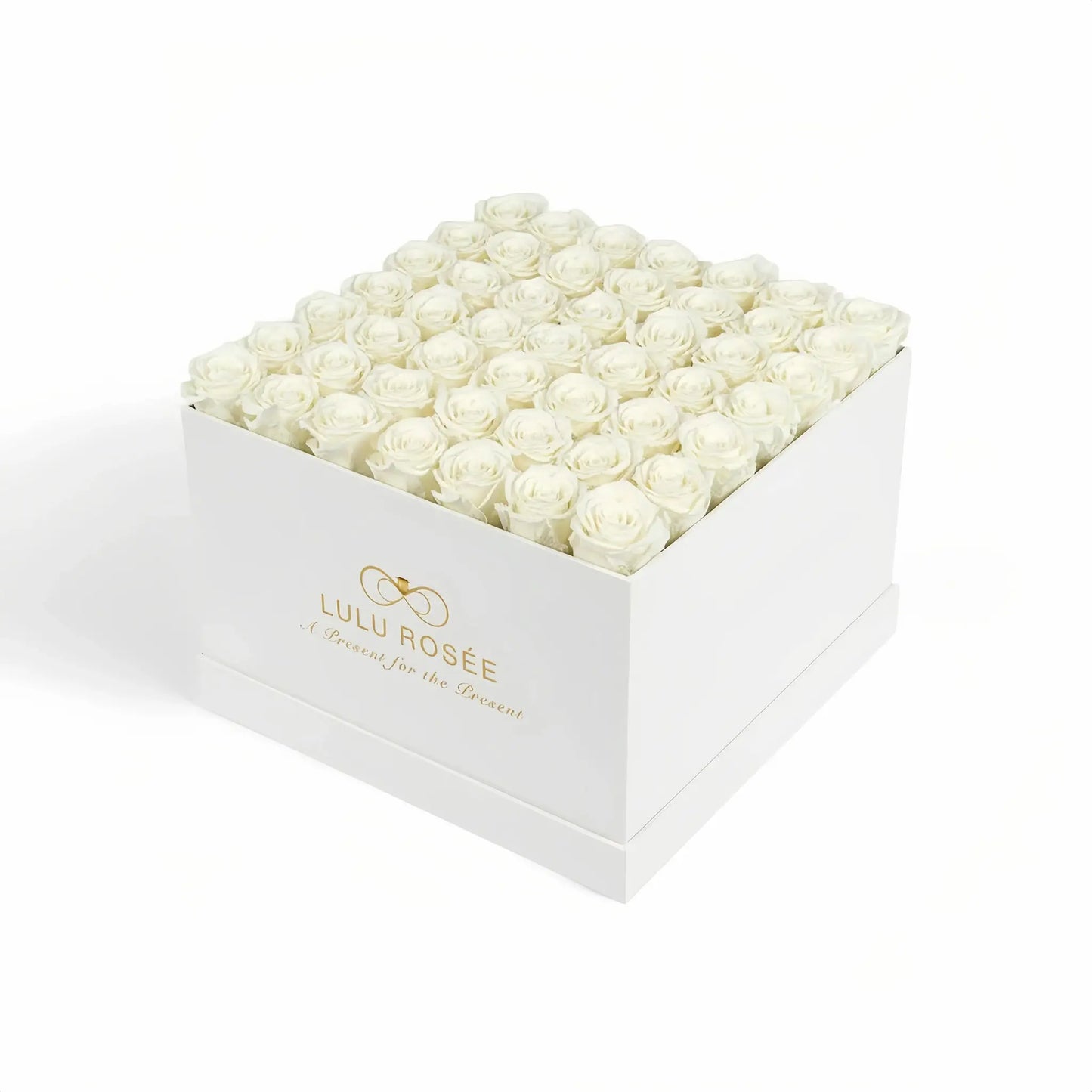 LULU ROSÉE large square box pearl white roses white classic box on white background