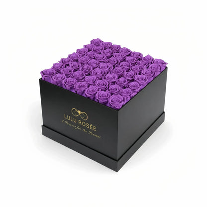 LULU ROSÉE large square box purple roses black classic box on white background