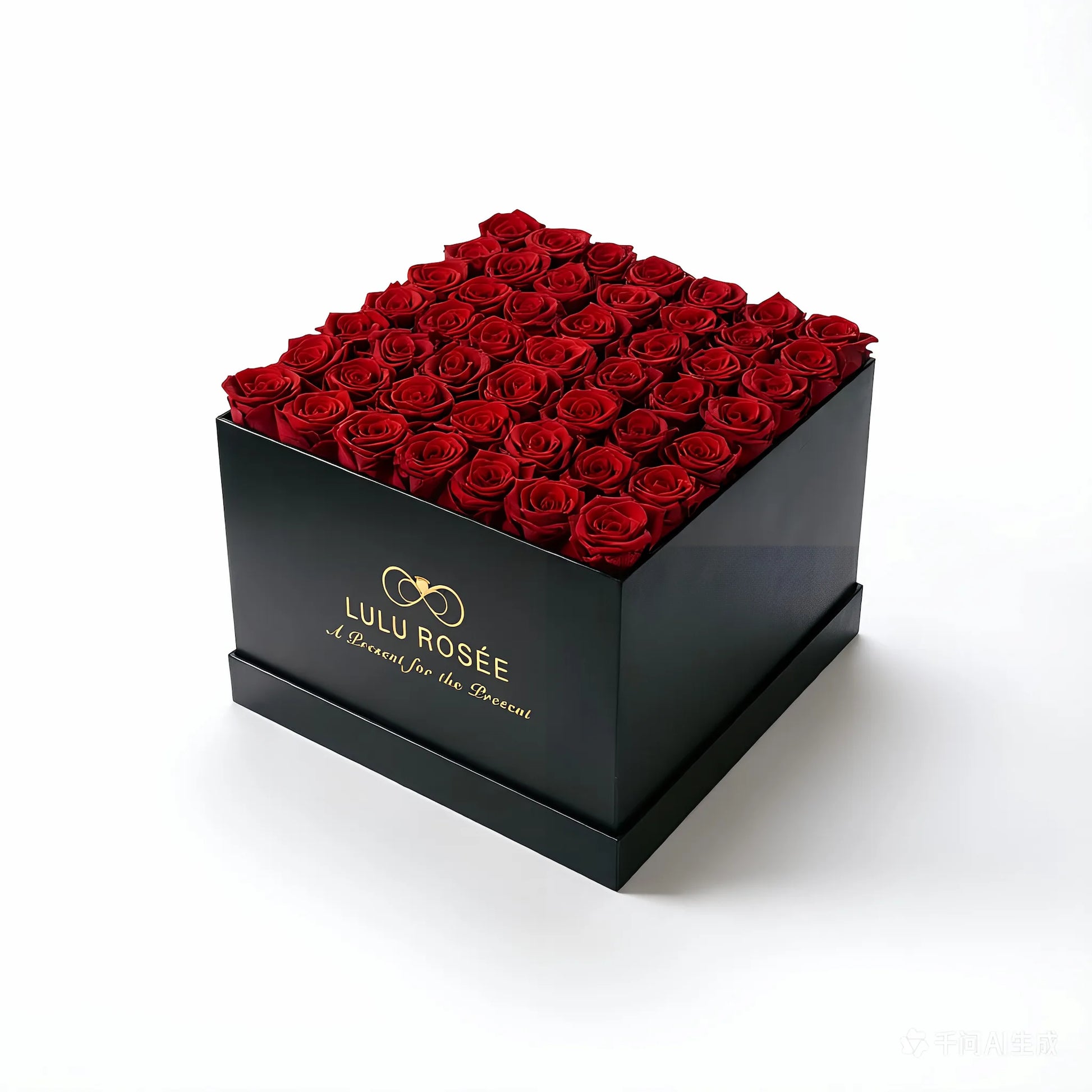 LULU ROSÉE large square box red roses black classic box on white background