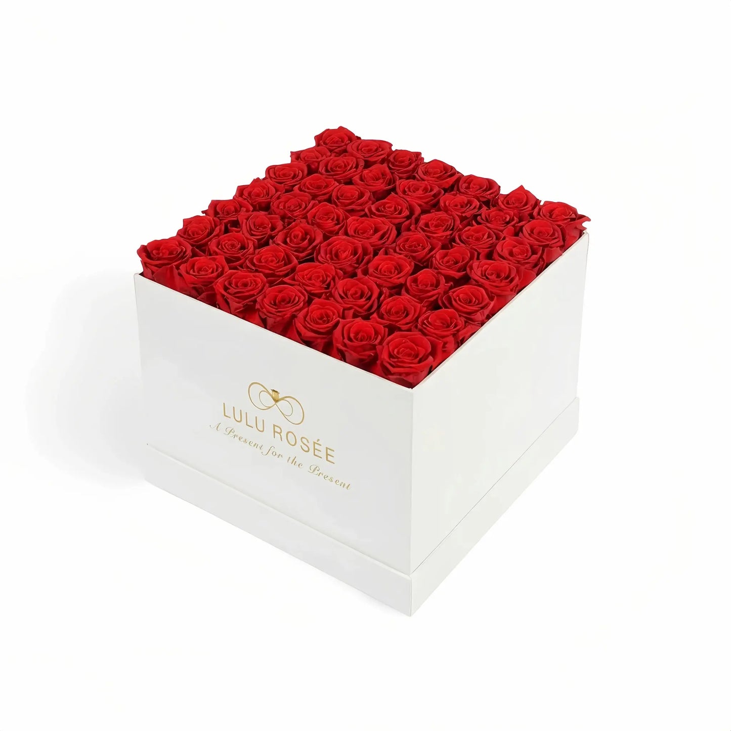 LULU ROSÉE large square box red roses white classic box on white background