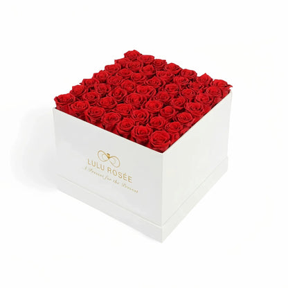 LULU ROSÉE large square box red roses white classic box on white background