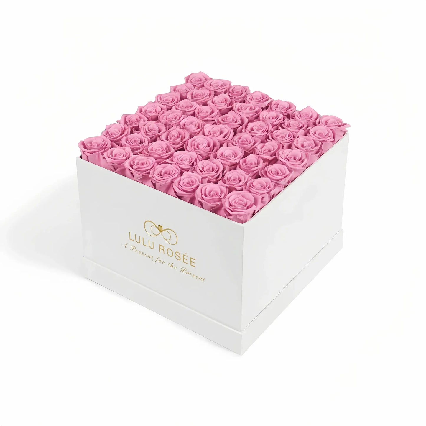 LULU ROSÉE large square box sweet pink roses white classic box on white background