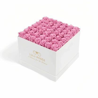 LULU ROSÉE large square box sweet pink roses white classic box on white background