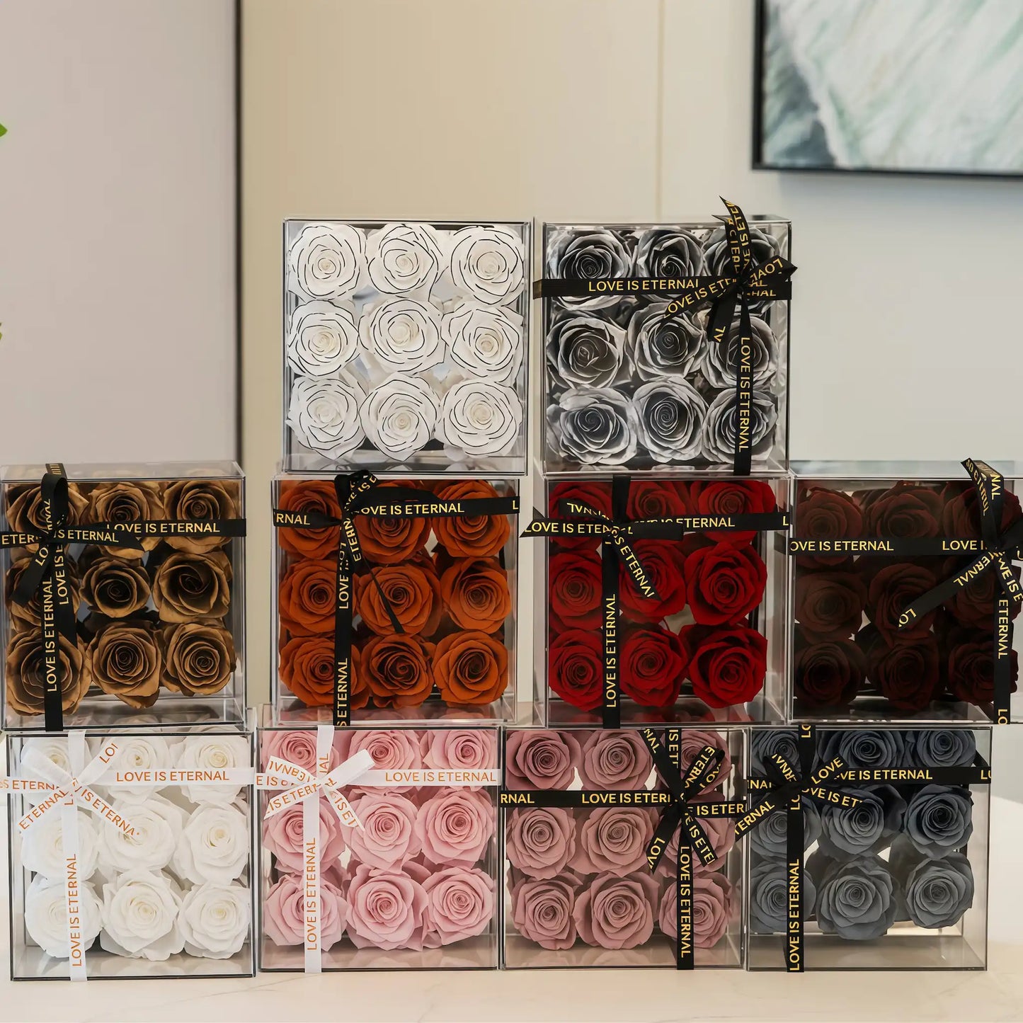 LULU ROSÉE assorted small square box colors arranged on the floor