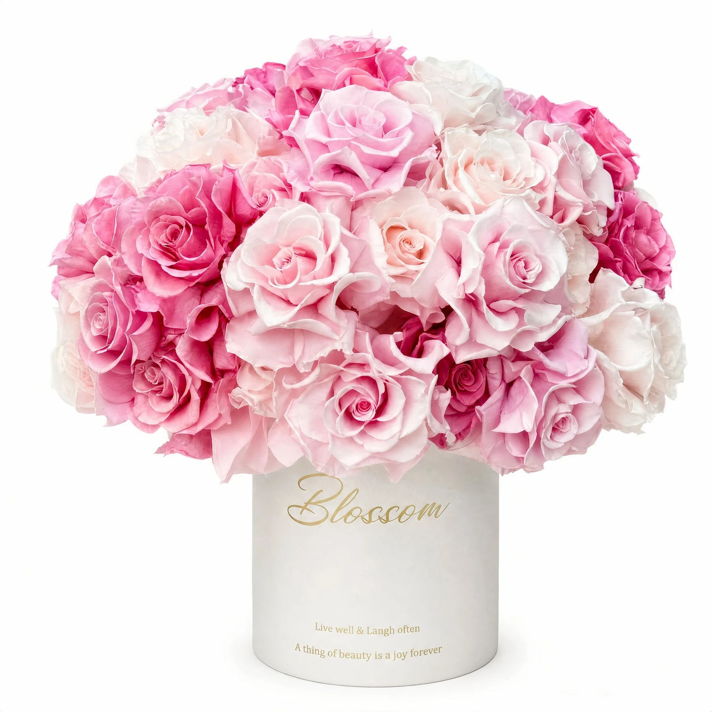 LULU ROSÉE Monochrome Pink Rose Garden Bucket, Preserved Rose Arrangement on a white background