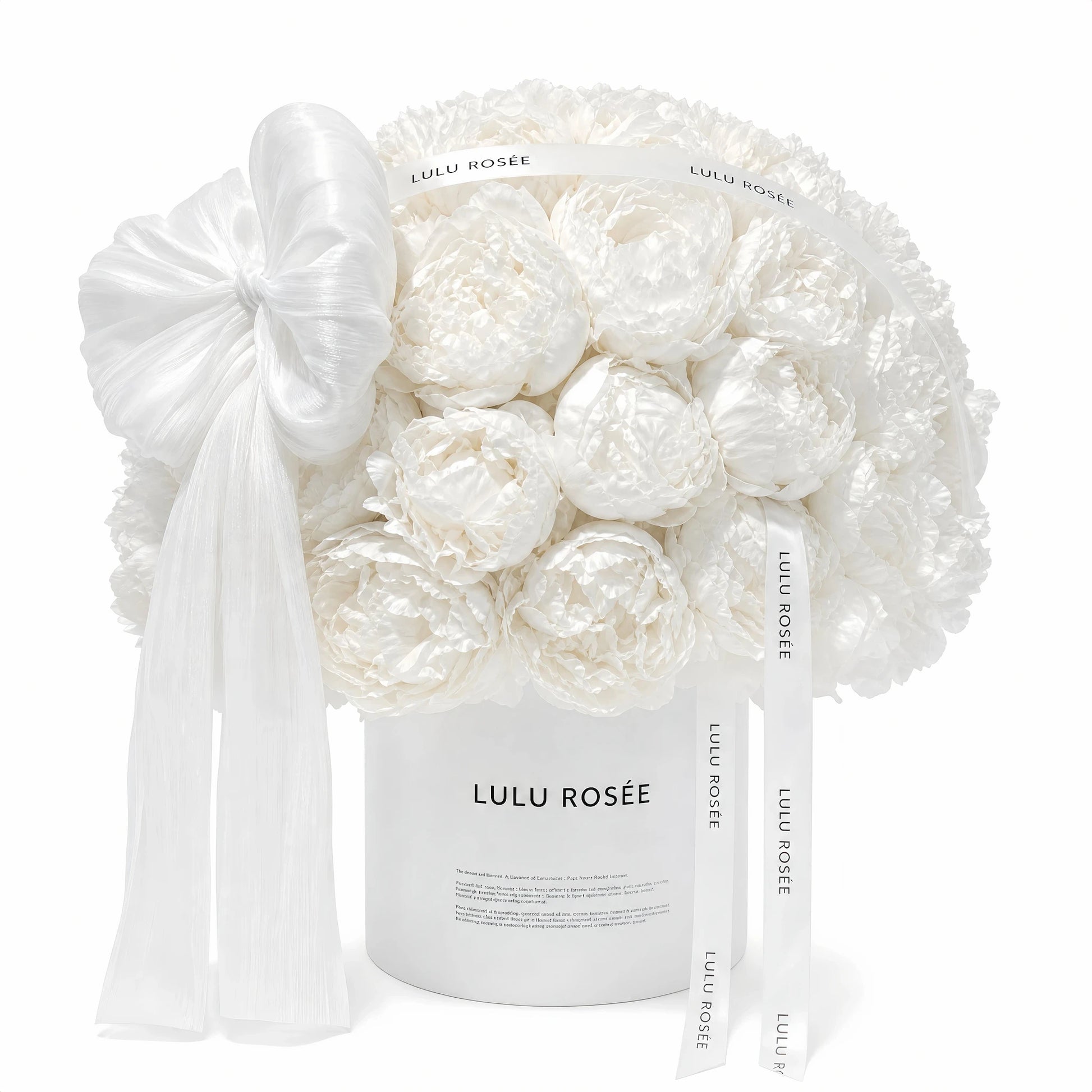 LULU ROSÉE Moonlight Peony Round Box isolated on white background, white preserved peony round cylinder box with long tulle bow, minimalist luxury floral gift