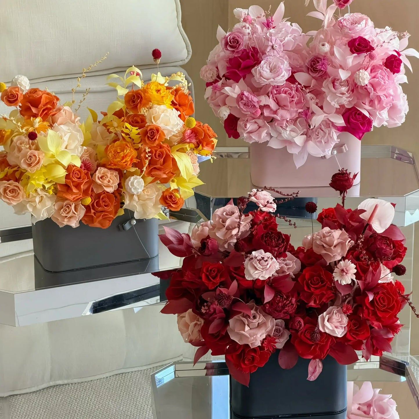 LULU ROSÉE Parisian Bloom Garden Collection Three-Color Display, Blush Pink, Sunset Orange & Romantic Red Preserved Flower Arrangements