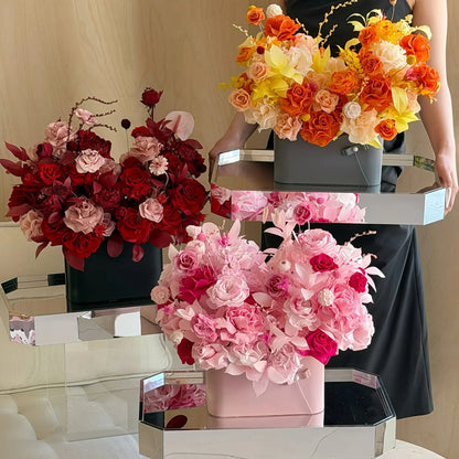 LULU ROSÉE Parisian Bloom Garden Collection, Comparing Blush Pink, Sunset Orange and Romantic Red Preserved Flower Boxes