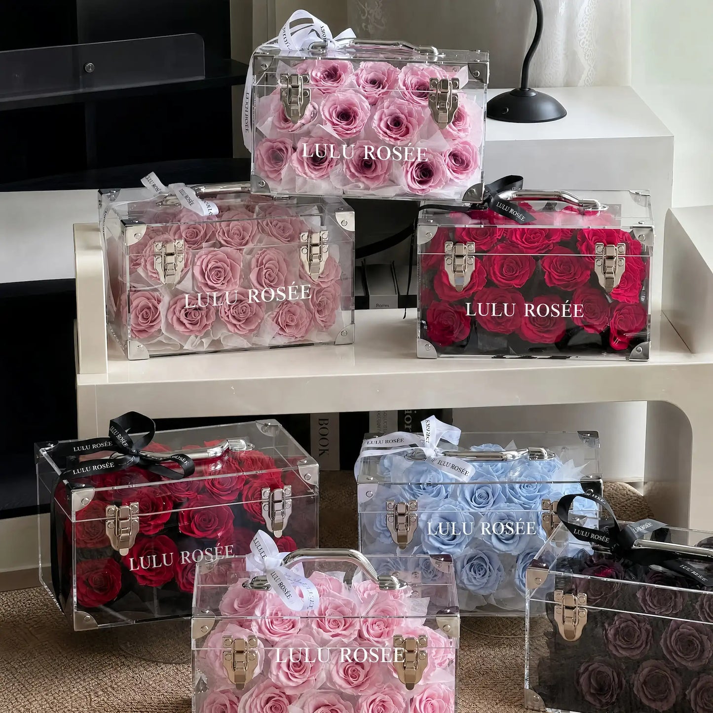 LULU ROSÉE Petite Eternal Acrylic Handbag Rose Box, small transparent acrylic handbag-shaped gift box full color collection shelf display including blush pink, wine red, baby blue & dark purple preserved roses, customizable flower color options, mini luxury everlasting floral souvenir for birthday, anniversary & romantic gift giving