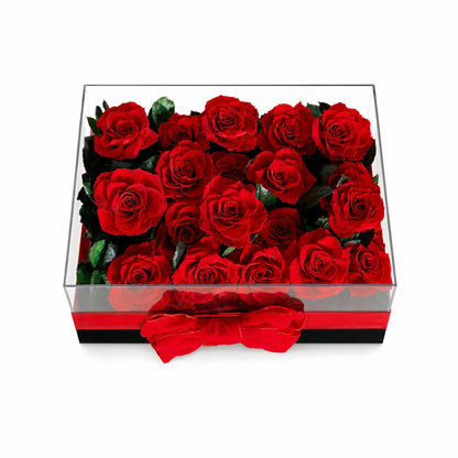 LULU ROSÉE Eternal Rose Garden 19 Red Roses in Clear Acrylic Box with Red Satin Ribbon on a white background