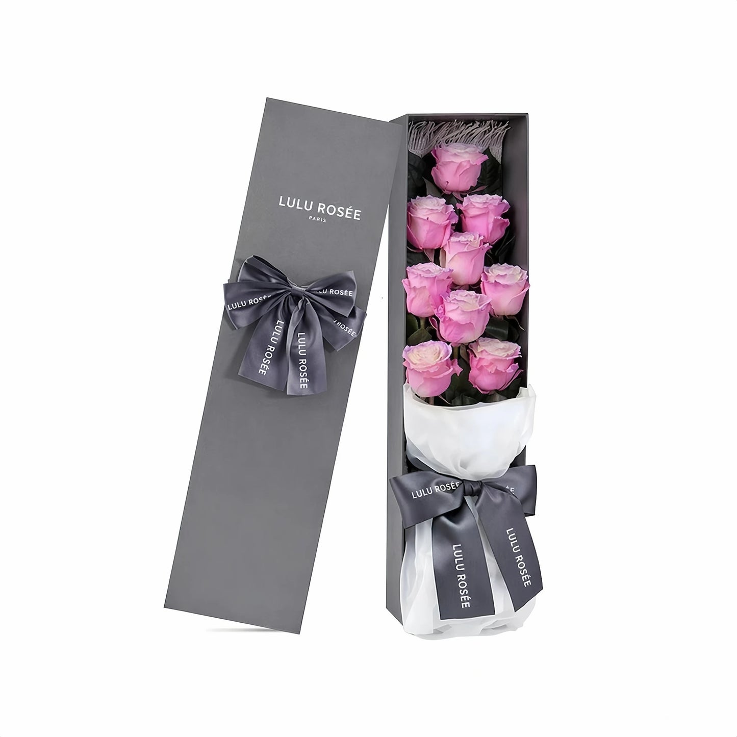 LULU ROSÉE Petite Long Stem Preserved Rose Box, luxury long rectangular gift box filled with long stem blush cream mix preserved roses, clean white studio background shot, decorated with elegant grey satin ribbon, customizable flower colors, everlasting romantic floral souvenir for Valentine’s Day, anniversary & birthday gifting