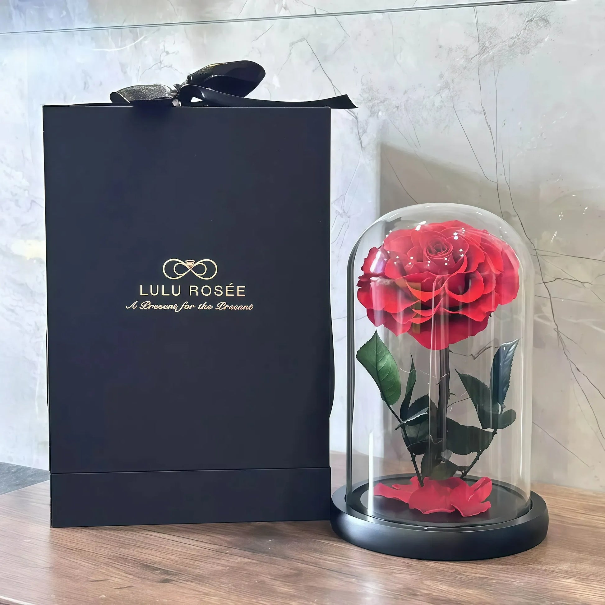 LULU ROSÉE Preserved Red Rose Dome Side View, Luxury Forever Rose Gift with Branded Bag