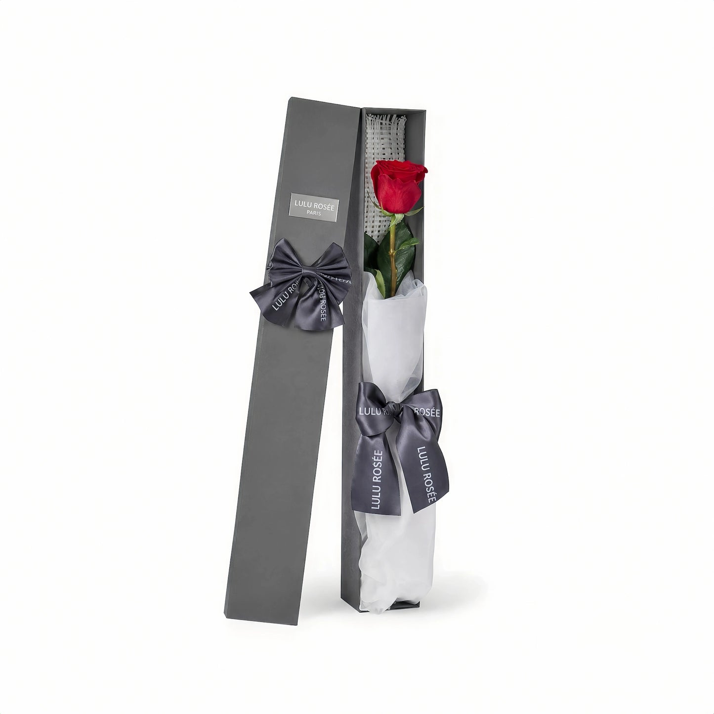 LULU ROSÉE Single Long Stem Preserved Rose Box, luxury long rectangular mini gift box with one long stem wine red preserved rose, decorated with elegant grey satin ribbon, customizable flower colors, tiny everlasting romantic floral souvenir for Valentine’s Day, anniversary & birthday gifting
