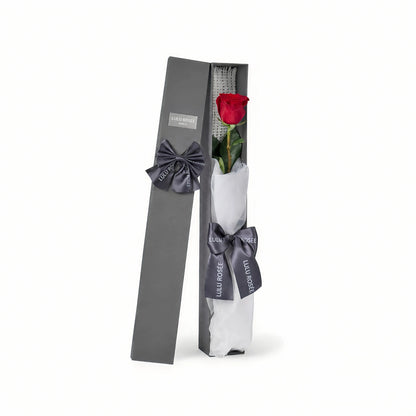 LULU ROSÉE Single Long Stem Preserved Rose Box, luxury long rectangular mini gift box with one long stem wine red preserved rose, decorated with elegant grey satin ribbon, customizable flower colors, tiny everlasting romantic floral souvenir for Valentine’s Day, anniversary & birthday gifting