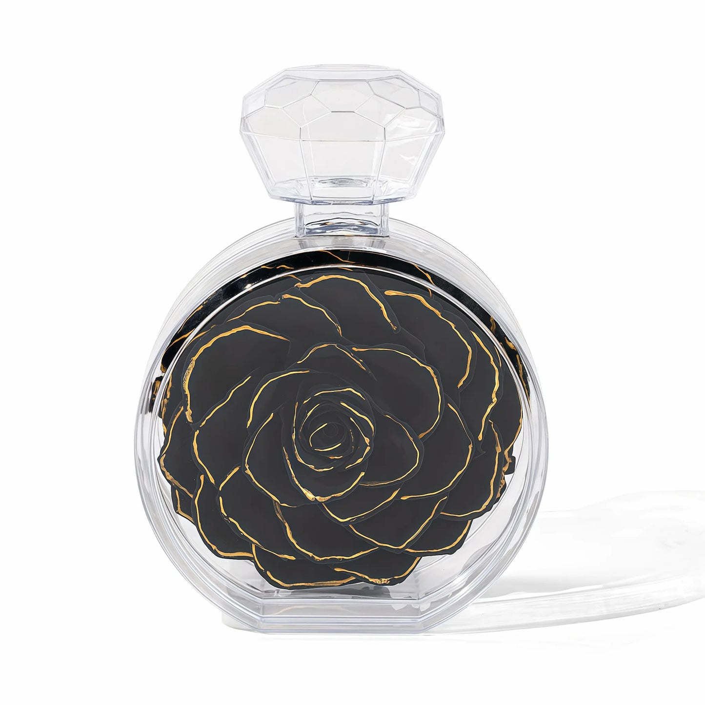 LULU ROSÉE single rose perfume bottle gold trimmed black rose on white background