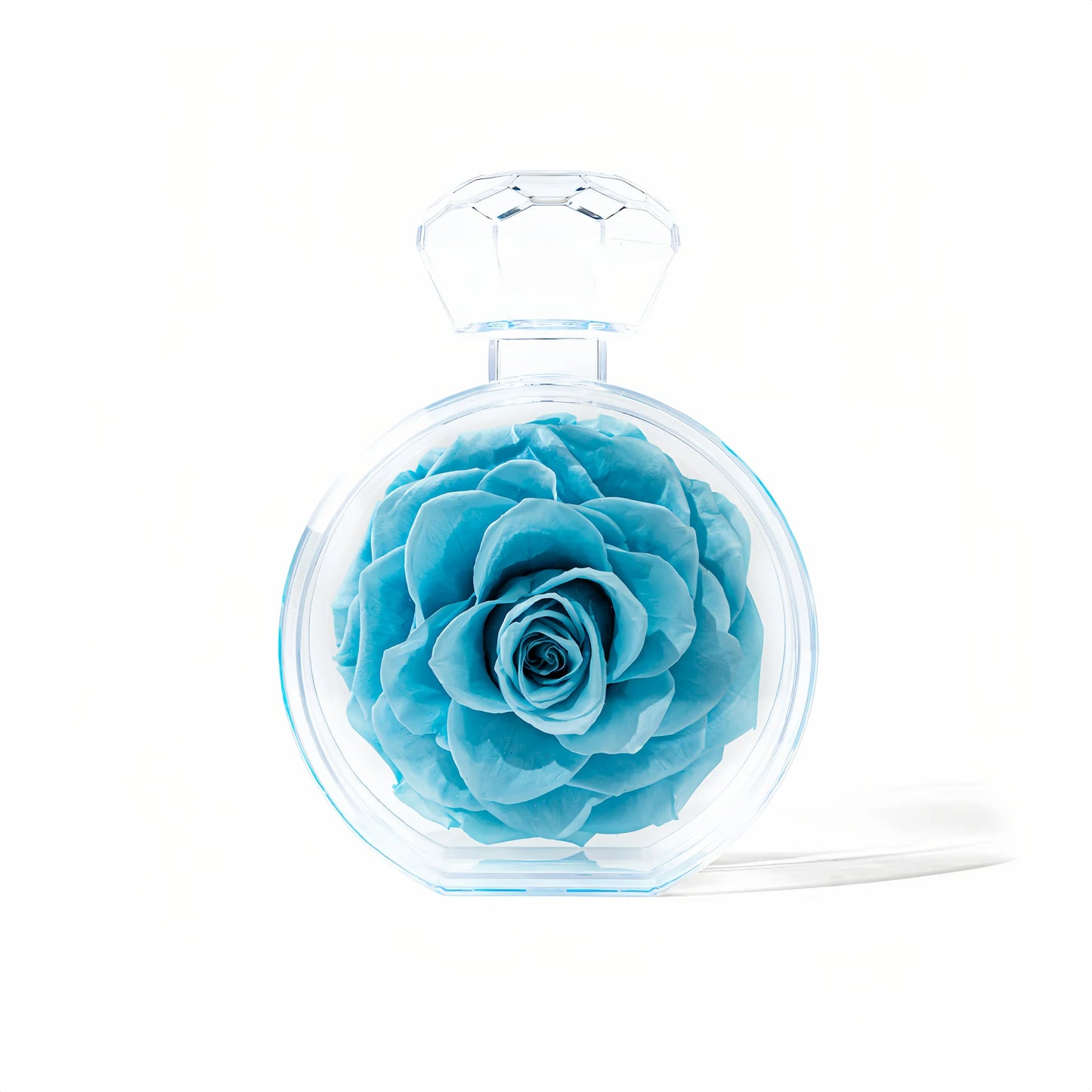 LULU ROSÉE single rose perfume bottle tiffany blue rose on white background