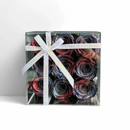 LULU ROSÉE small square box galaxy stardust roses on white background