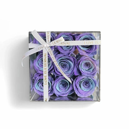 LULU ROSÉE small square box stardust purple and blue roses on white background