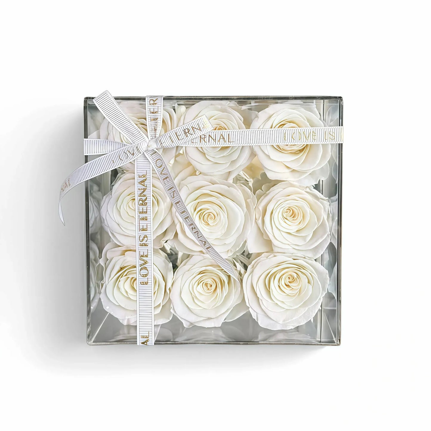 LULU ROSÉE small square box white roses on white background