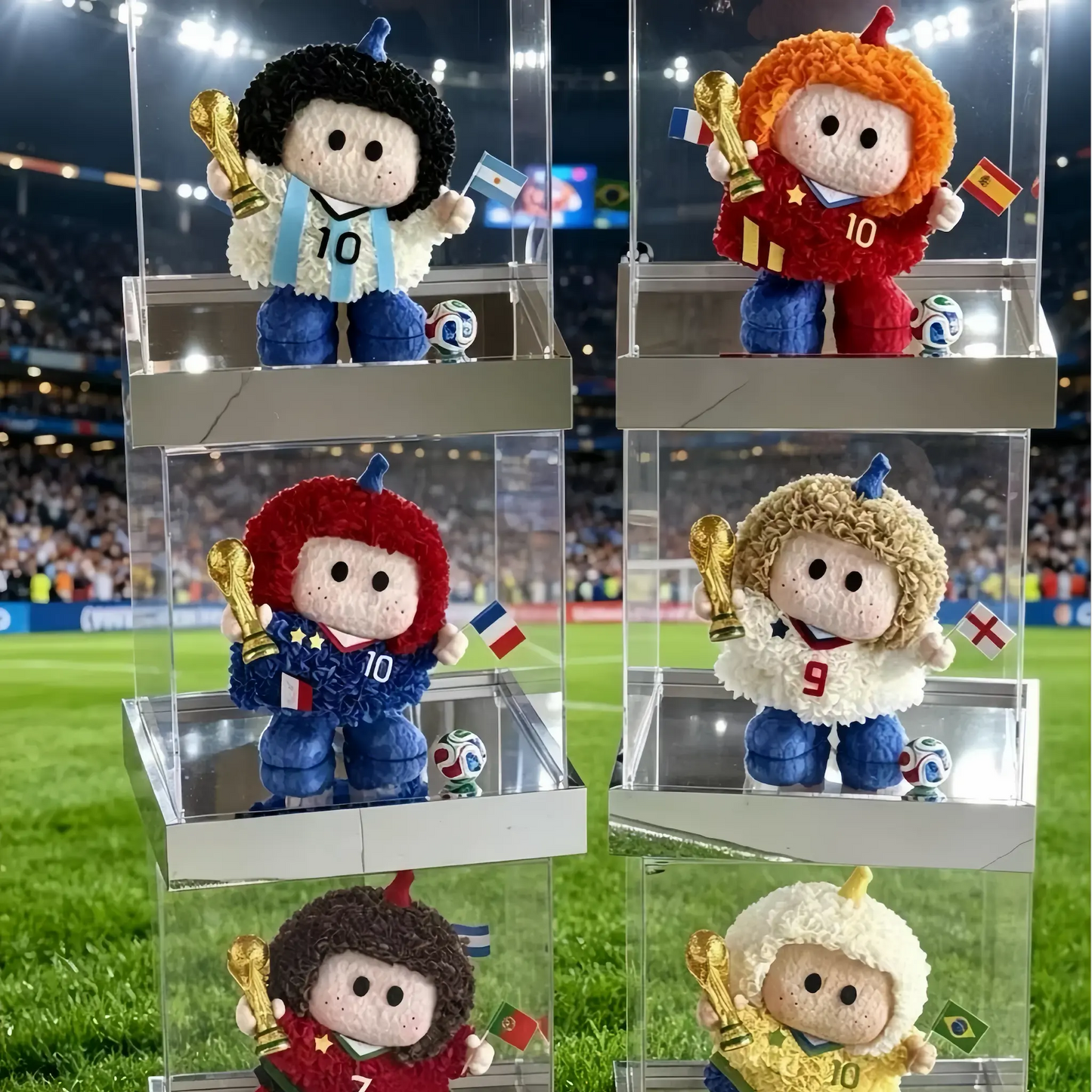 LULU ROSÉE Limited World Cup Eternal Floral Soccer Doll Collection, six national team preserved flower player dolls with trophies, stacked acrylic display case set, luxury football fan full collectible bundle gift